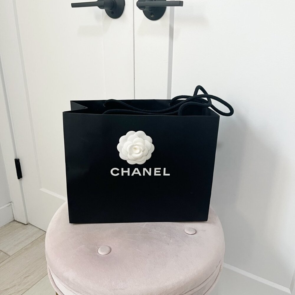 Chanel Black & White Floral Stamp Shopping Bag